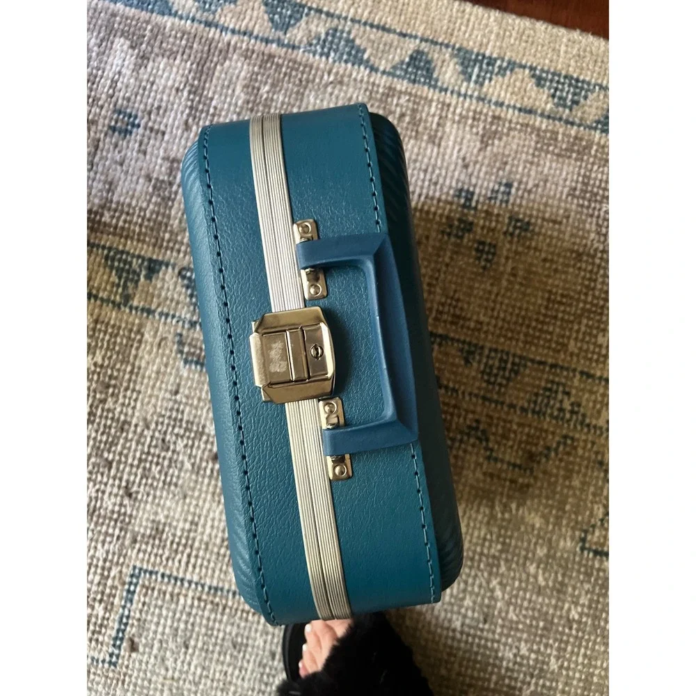 Vintage Im Going to Grandmas Train Suitcase Teal Blue Hard Shell Travel Case